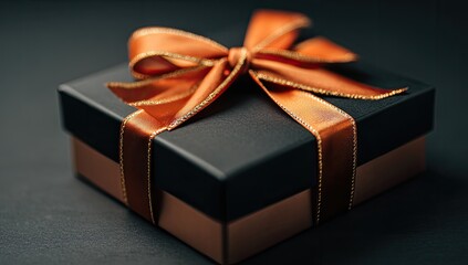 A black gift box with an orange ribbon bow sits on a dark background