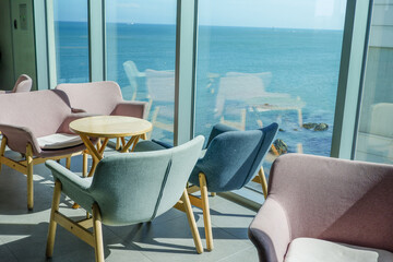 Empty Table and chair in Korean restaurant or minimal cafe style ,the interior scenery of a cafe.