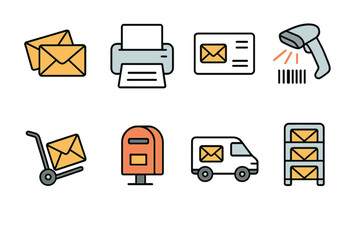 Flat style mail and package delivery icons set featuring envelopes, scanner, and delivery truck
