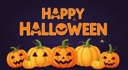 Happy Halloween Vector Illustration with Pumpkins, Bats, and Spiders on Purple Background