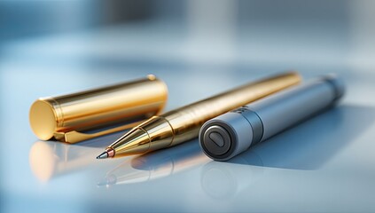 Two pens, gold and gray, on a reflective surface