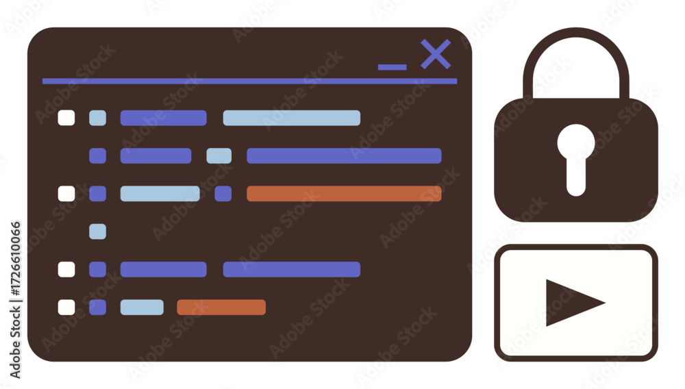 Aufkleber programming interface with colored code lines, security lock icon, and video play button. ideal for 