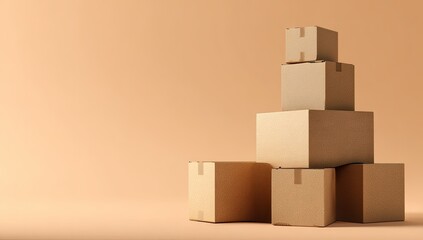 Cardboard boxes stacked on a peach background