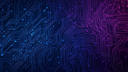 Abstract digital circuit board pattern with glowing blue and purple lines, representing technology and data flow.