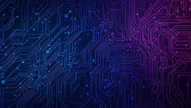 Abstract digital circuit board pattern with glowing blue and purple lines, representing technology and data flow.
