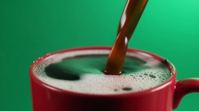 Pouring Coffee into Mug: A captivating close-up of steaming coffee cascading into a vibrant red mug, the dark liquid contrasting against the frothy surface with a backdrop of green