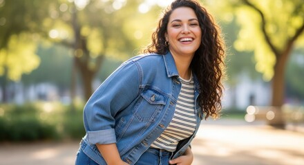 A smiling woman in a denim jacket and striped shirt, standing outdoors with trees in the background.