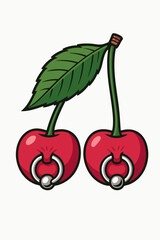 Illustrated two cherries on a stem with a leaf, each cherry featuring a silver piercing ring.