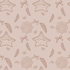 Seamless pattern of Christmas gingerbread cookies, cones and bows in a monochrome graphic style in beige color