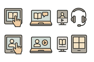 Digital learning icons with laptops and tablets for online education