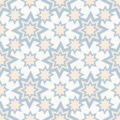 This vibrant geometric seamless pattern features interlocking ten-pointed stars in pale peach and light blue, set against a white background. The complex, rotational symmetry creates a dynamic, modern