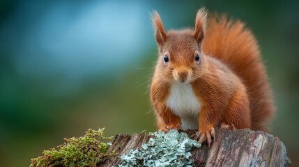 Fototapeta premium Red squirrel perched on the tip of a moss-covered log with a blurred blue and green forest background in cairngorms national park, scotland