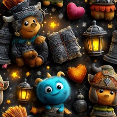 Dreamlike fantasy concept Whimsical Cartoon Monsters with Lanterns and Hearts in Fantasy Setting ethereal dream scene
