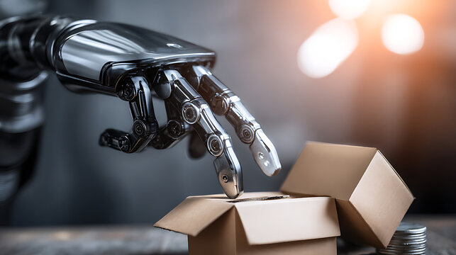 Robotic hand opening a cardboard box in a dimly lit environment with soft background lighting