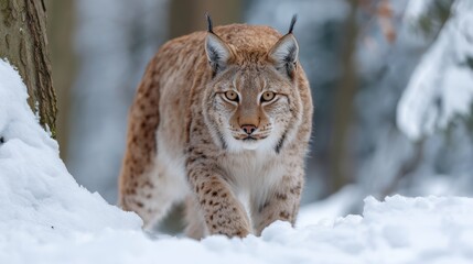 Fototapeta premium Eurasian lynx walking through snowy forest in winter, close-up of wild lynx face in snow-covered slovakia, february wildlife scene in european wilderness