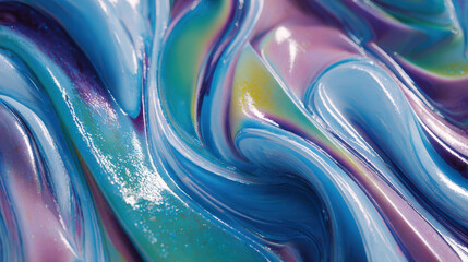 Hyper-realistic animation glossy liquid marble swirl with oil slick holographic sheen blue purple chrome waves