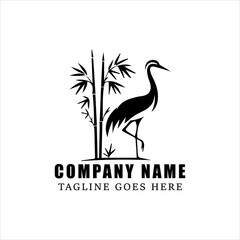 Obraz premium Minimalist Crane Bird with Bamboo Logo Vector, Black and White Japanese Animal and Plant Silhouette, Traditional Cultural Symbol for Branding and Elegant Identity Design