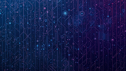 Abstract digital circuit board pattern with glowing lines and dots on a dark blue and purple background, representing technology and data flow.