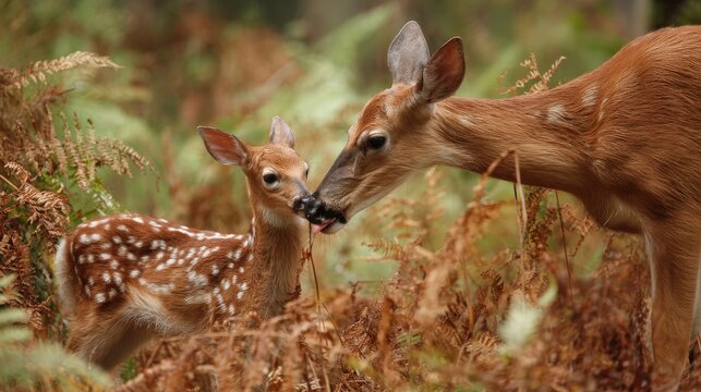 White-tailed deer nurturing her fawn in a lush forest, close-up of maternal care and wildlife bond
