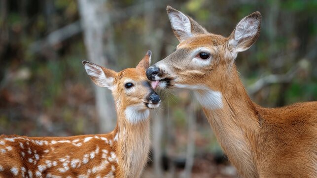 White-tailed deer nurturing her fawn in a lush forest, close-up of maternal care and wildlife bond