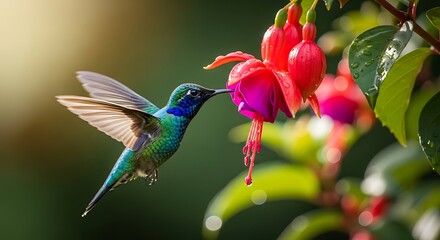 Hummingbird feeding fuchsia.