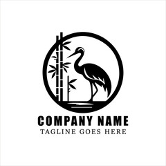 Obraz premium Minimalist Crane Bird with Bamboo Logo Vector, Black and White Japanese Animal and Plant Silhouette, Traditional Cultural Symbol for Branding and Elegant Identity Design