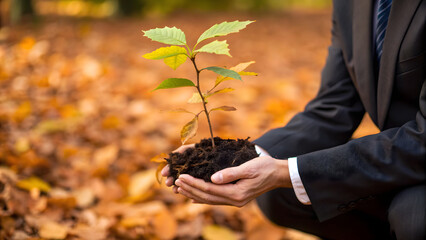 Resilient Ecosystem Business A person in a suit holds a small plant with soil, symbolizing growth and environmental responsibility.