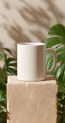 Blank white mug on light beige cube, surrounded by tropical leaves