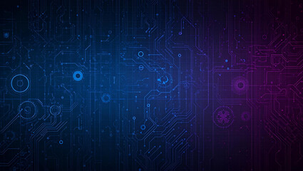 Abstract technological background with glowing blue and purple circuit board patterns and digital elements, symbolizing data and innovation.