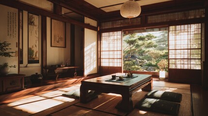 Traditional Oriental Room with Tatami Mats and Tea Set