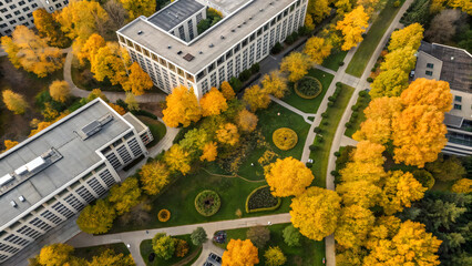 Resilient Ecosystem Business Aerial view of modern buildings and park with autumn trees and winding pathways.