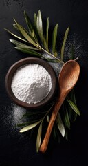 Light-colored powder in a bowl, surrounded by olive leaves, on a dark surface