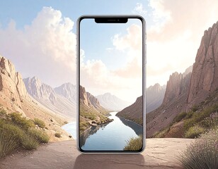 A smartphone displays a landscape image of a serene river valley