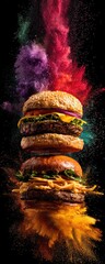 Two juicy burgers in mid-air, surrounded by colorful powder explosions