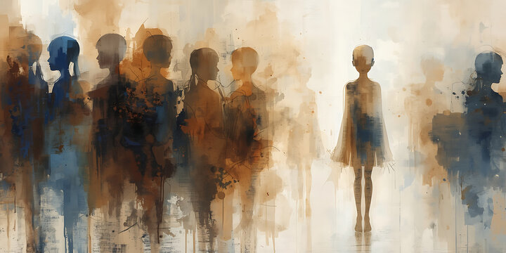 An alone child standing among other children, symbolizing isolation and introspection in a thoughtful scene, AI-generated