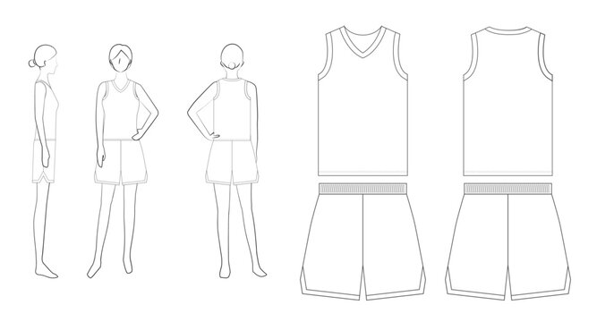 女子バスケットボールユニフォームのテンプレート（Vネック・スリット入りショーツ）Women's Basketball Uniform Template &ndash; V-Neck with Slit Shorts
