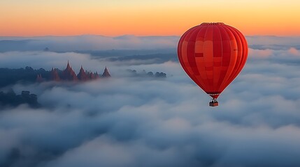 Red hot air balloon above misty mountains