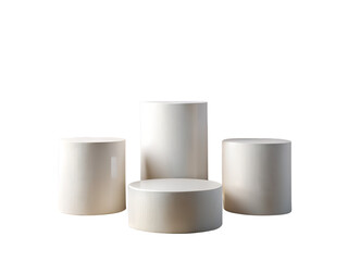 Four elegant cylindrical podiums isolated on transparent background, perfect for product presentation or display showcase