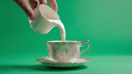 Pouring Cream: A delicate hand pours a stream of fresh cream into a vintage teacup, creating a moment of tranquil and elegant everyday life with elegant details on teacup and saucer. - Powered by Adobe