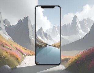 A smartphone displays a serene landscape of mountains and a lake, framed by colorful wildflowers and a path