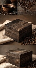 Dark wooden box, coffee beans, and cup