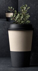 A light beige and black disposable coffee cup, with a small plant on top, sits in front of a dark background