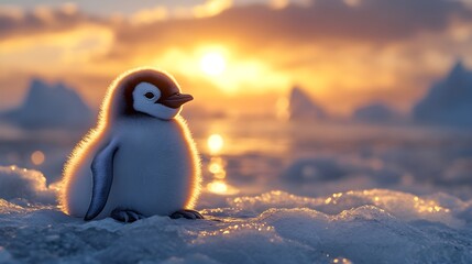 Adorable penguin chick basking in the warm glow of a sunset.