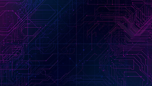 Abstract digital circuit board background with glowing purple and blue lines, representing technology and data flow. - Powered by Adobe