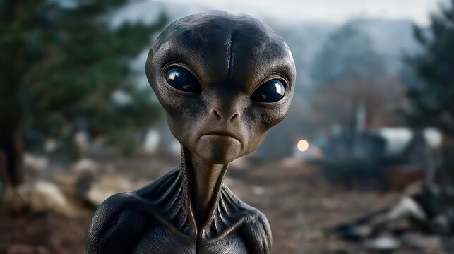 Extraterrestrial Encounter in Cinematic Shot: An uncanny extraterrestrial gazes intently at the viewer, its otherworldly features highlighted against a blurred forest backdrop.