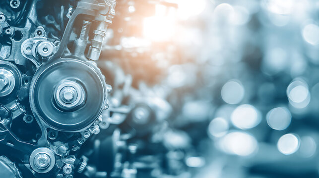 Close-up of mechanical engine components with bokeh background lighting