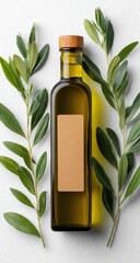 Olive oil bottle, light brown label, surrounded by olive branches