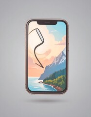 A smartphone with a cracked screen displays a scenic landscape
