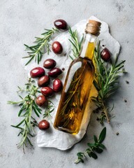 Small bottle of olive oil surrounded by olives and herbs