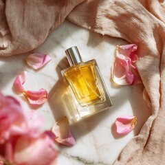 Golden perfume bottle, rose petals, and fabric